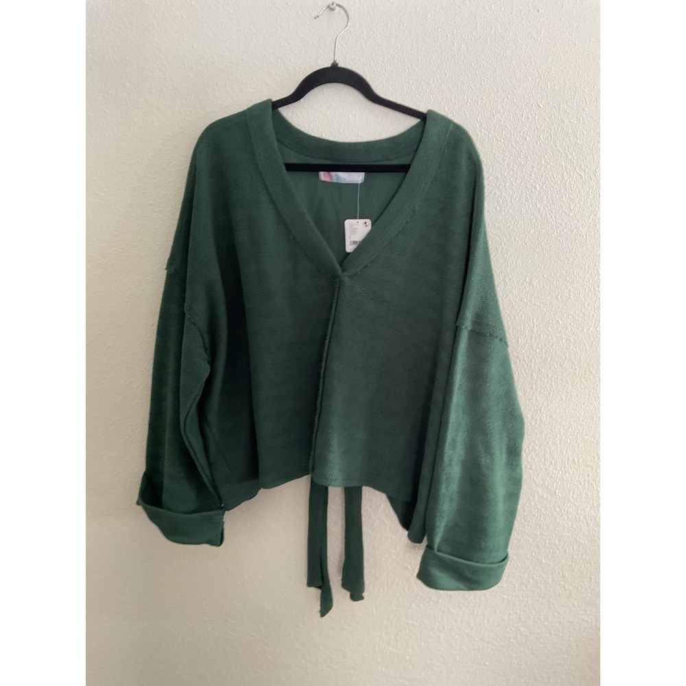 Free People FP Beach‎ Sycamore Green V-Neck Tie Front Herringbone Knit Top Large